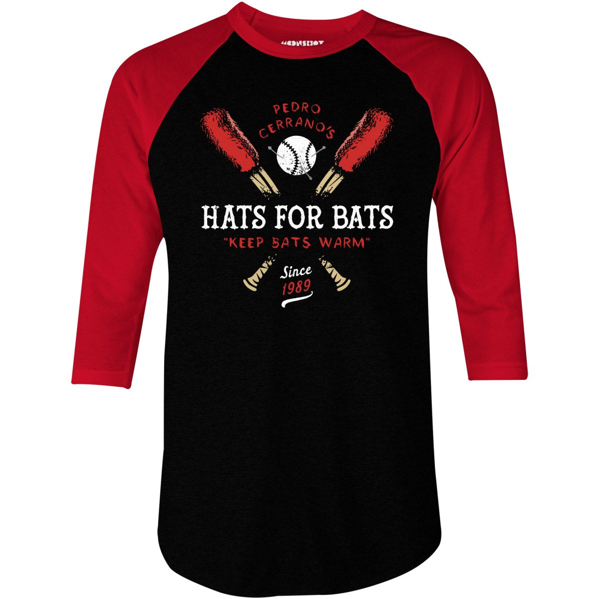 White Label Mfg Pedro Cerrano's Hats for Bats - 3/4 Sleeve Raglan T-Shirt Black/Red / L