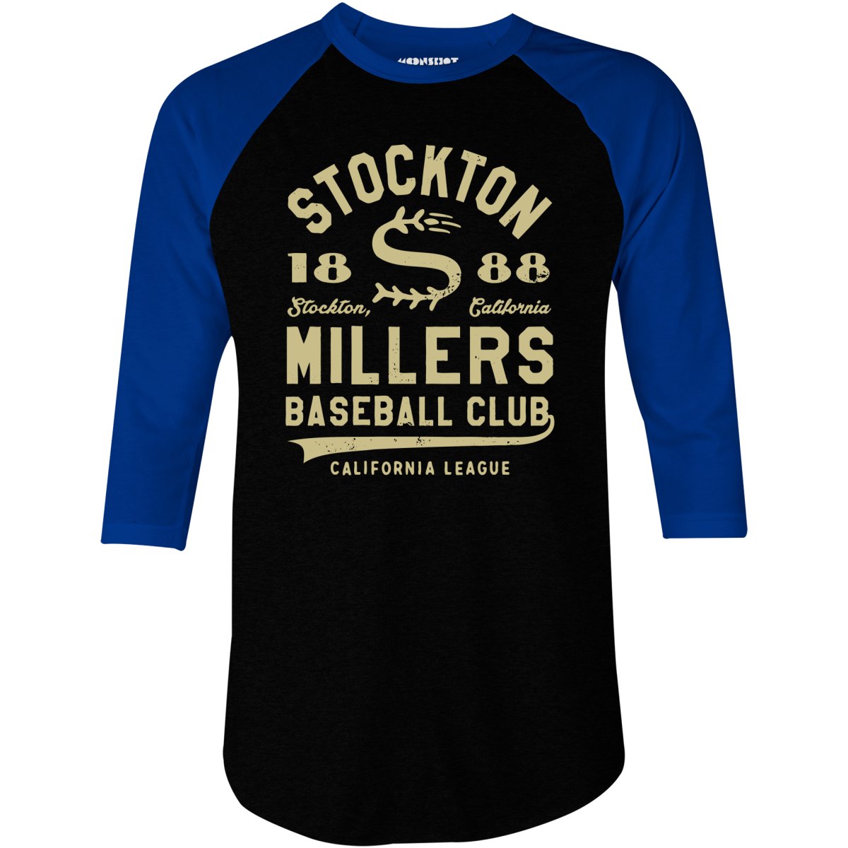 White Label Mfg Stockton Millers - California - Vintage Defunct Baseball Teams - 3/4 Sleeve Raglan T-Shirt Black/True Royal / L