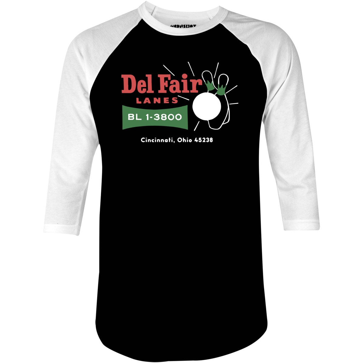 Del Fair Lanes v2 - Cincinnati, OH - Vintage Bowling Alley - 3/4 Sleeve Raglan T-Shirt