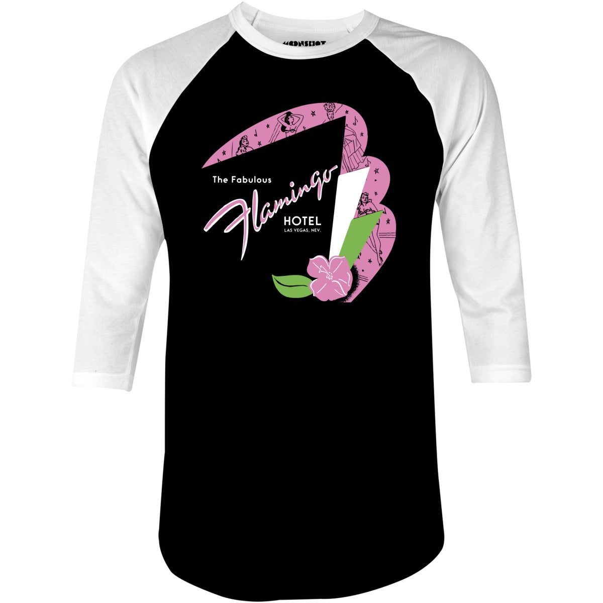 Fabulous Flamingo Hotel v2 - Vintage Las Vegas - 3/4 Sleeve Raglan T-Shirt