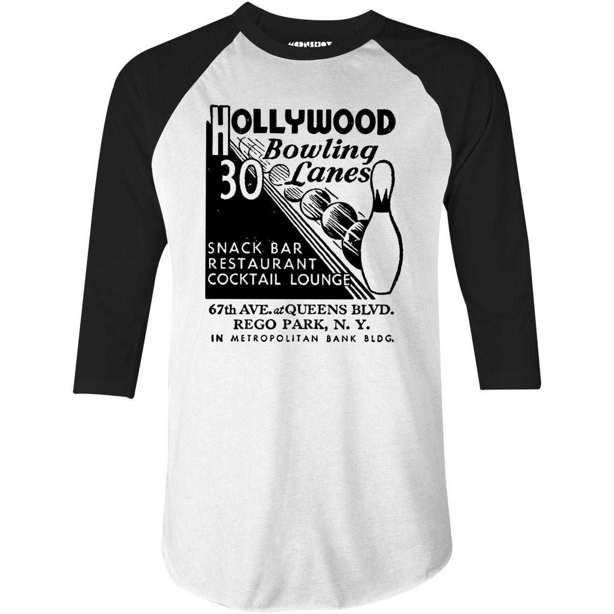 Hollywood Bowling Lanes - Rego Park, NY - Vintage Bowling Alley - 3/4 Sleeve Raglan T-Shirt