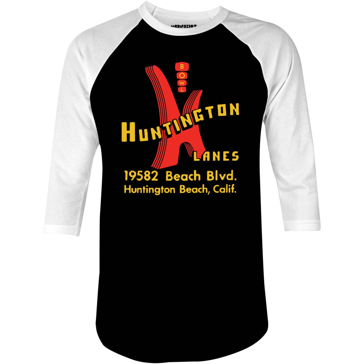 Huntington Lanes - Huntington Beach, CA - Vintage Bowling Alley - 3/4 Sleeve Raglan T-Shirt