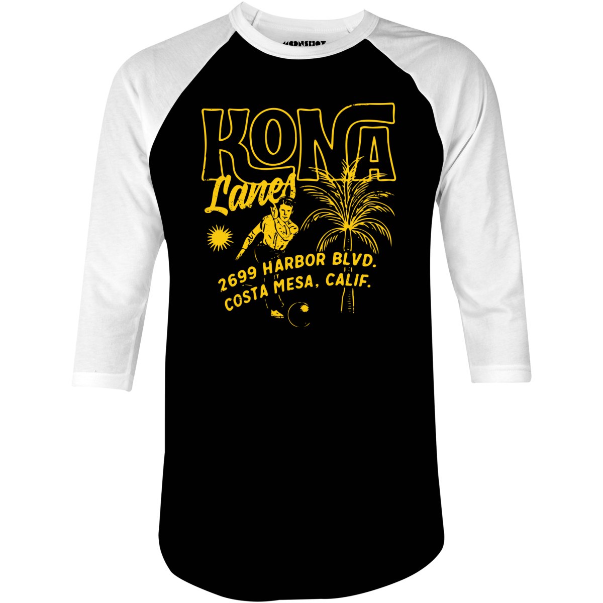 Kona Lanes v3 - Costa Mesa, CA - Vintage Bowling Alley - 3/4 Sleeve Raglan T-Shirt