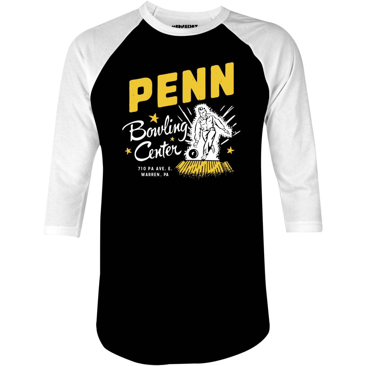 Penn Bowling Center - Warren, PA - Vintage Bowling Alley - 3/4 Sleeve Raglan T-Shirt