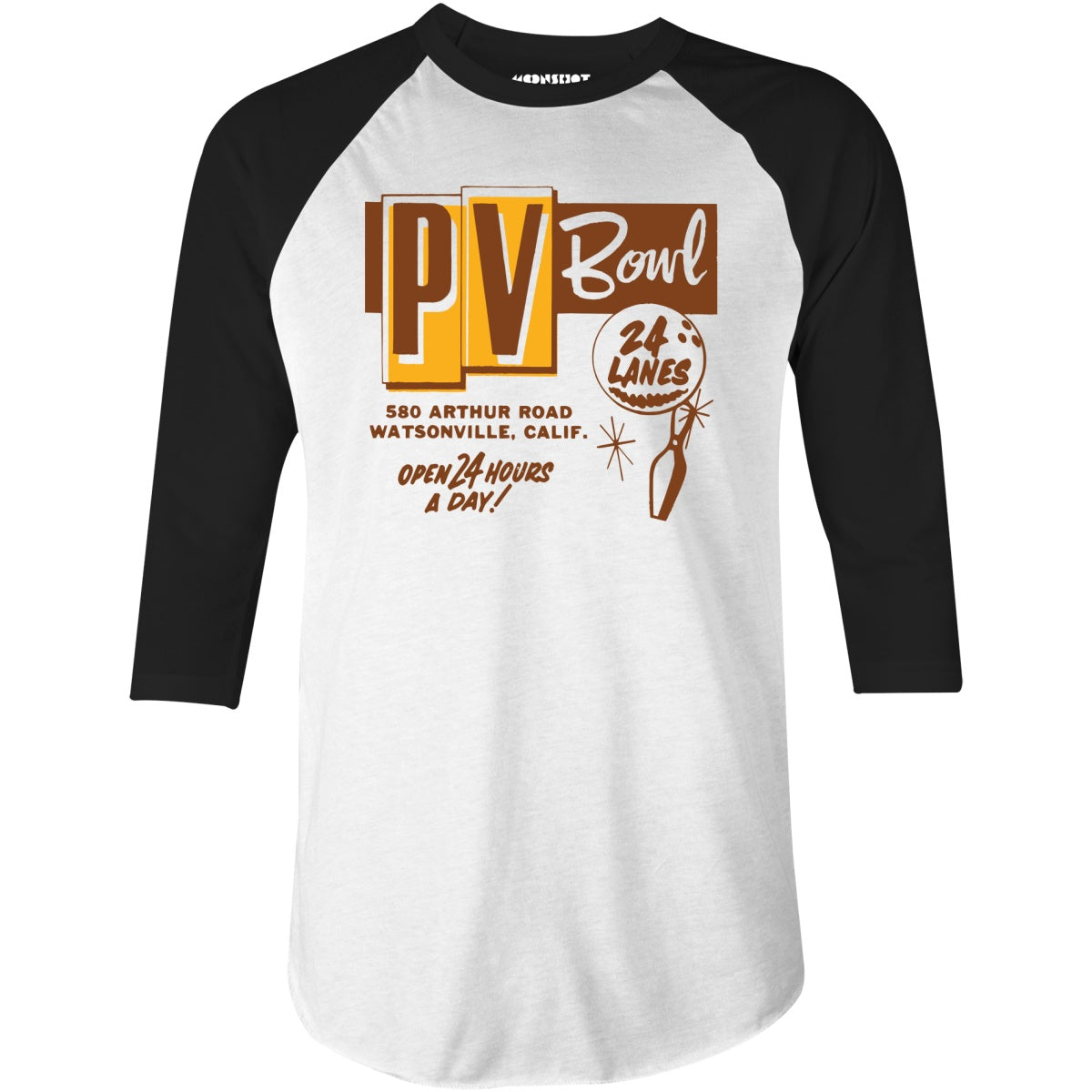 PV Bowl - Watsonville, CA - Vintage Bowling Alley - 3/4 Sleeve Raglan T-Shirt