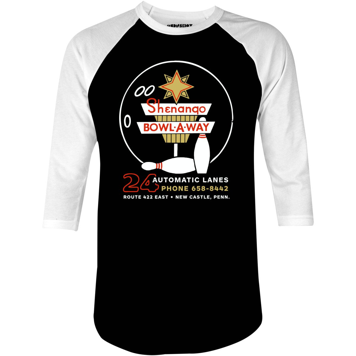 Shenango Bowl-a-Way - New Castle, PA - Vintage Bowling Alley - 3/4 Sleeve Raglan T-Shirt