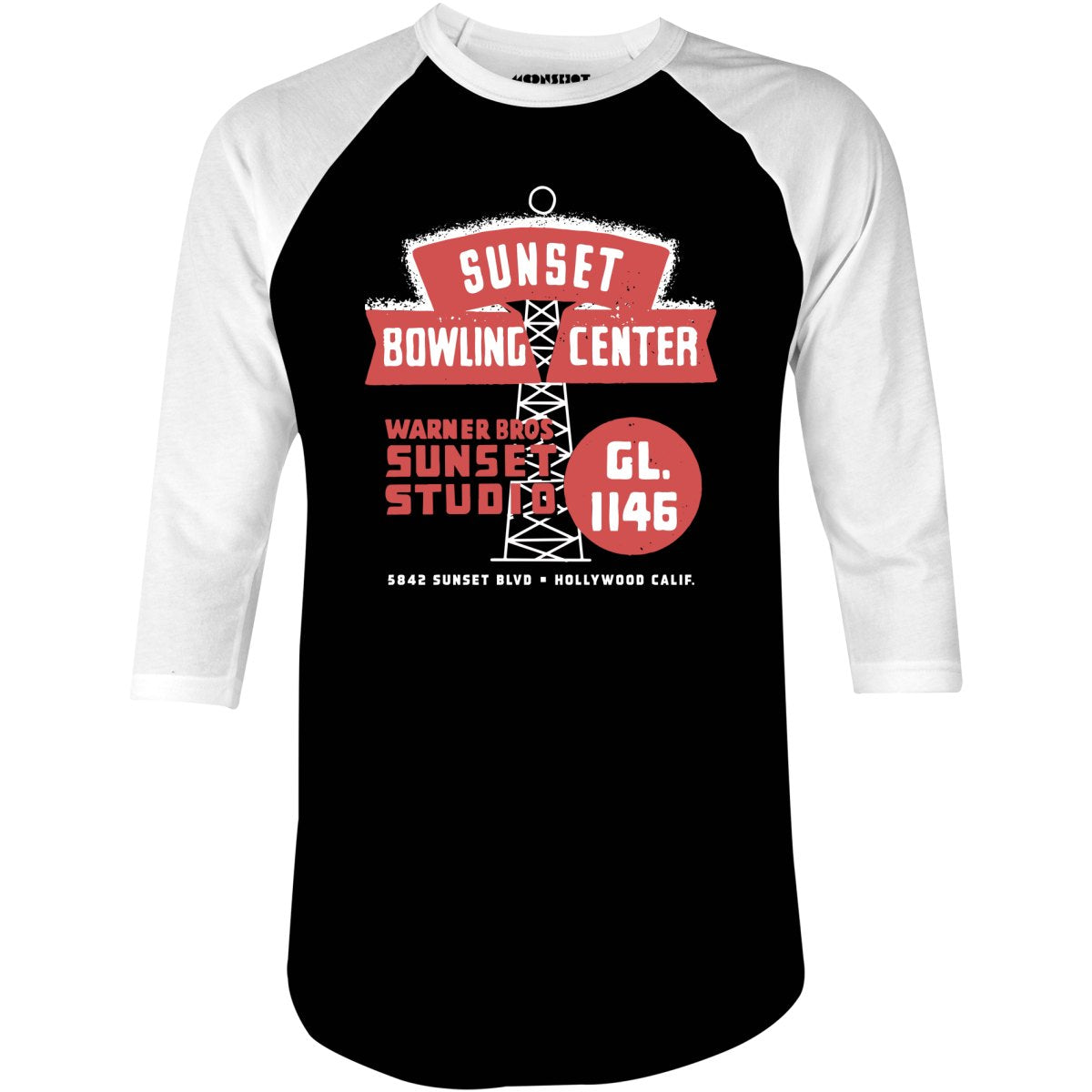 Sunset Bowling Center - Hollywood, CA - Vintage Bowling Alley - 3/4 Sleeve Raglan T-Shirt