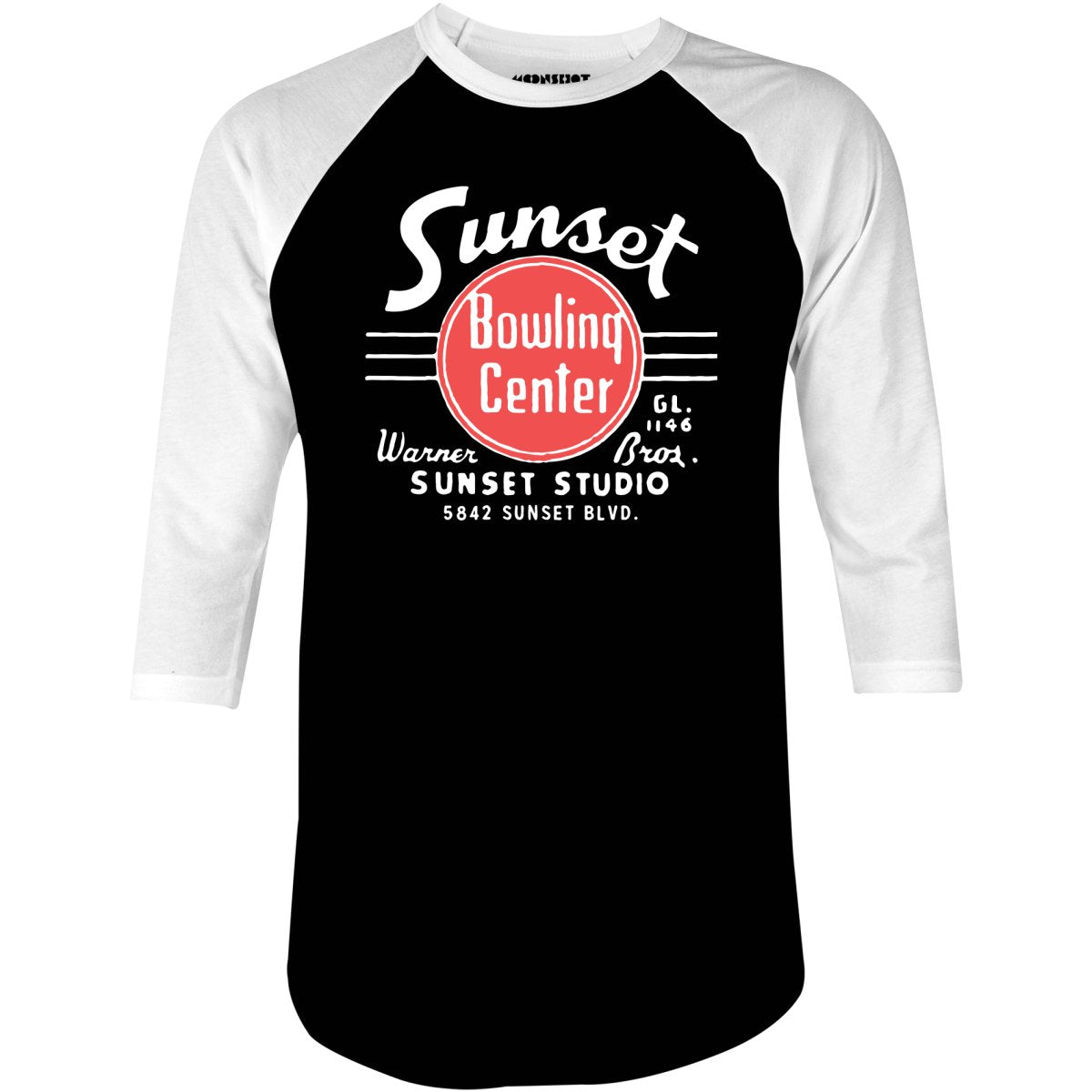 Sunset Bowling Center v2 - Hollywood, CA - Vintage Bowling Alley - 3/4 Sleeve Raglan T-Shirt