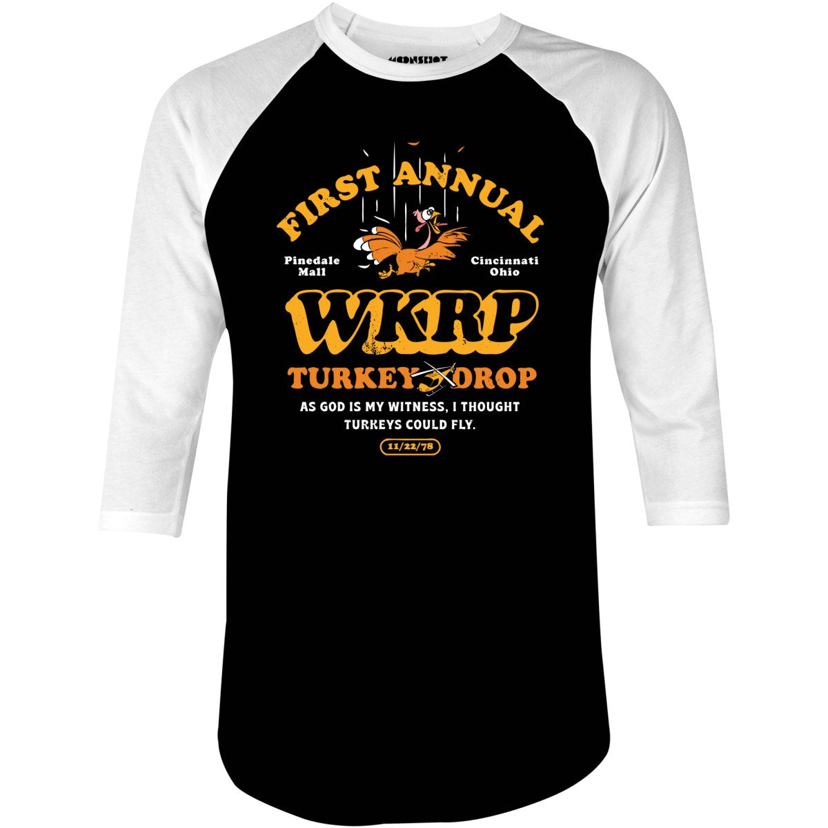 WKRP Turkey Drop - 3/4 Sleeve Raglan T-Shirt