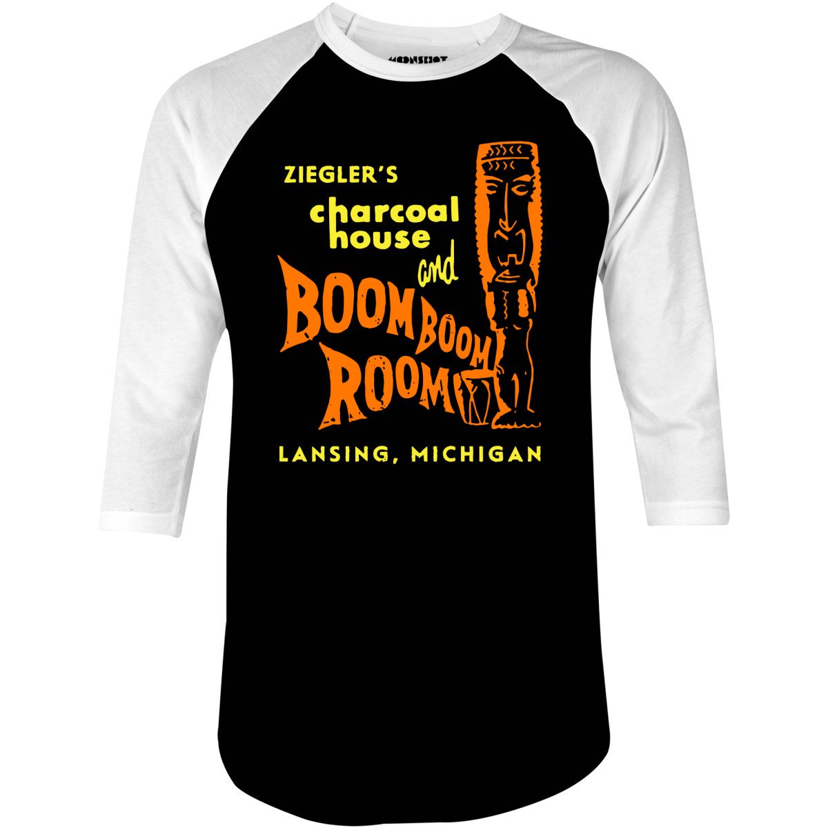 Ziegler's Charcoal House & Boom Boom Room - Lansing, MI - Vintage Tiki Bar - 3/4 Sleeve Raglan T-Shirt